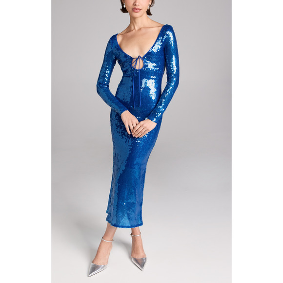 Bardot 'Verona' Blue Sequin Front Cut Out Sequin Long Sleeve Dress Size 4 - NWT - Picture 1 of 5